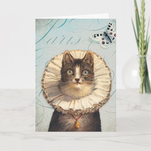 Vintage Cat with Ruff Collar and Butterflies Card