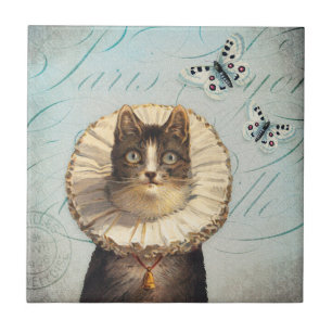 Vintage Cat with Ruff Collar and Butterflies Ceramic Tile