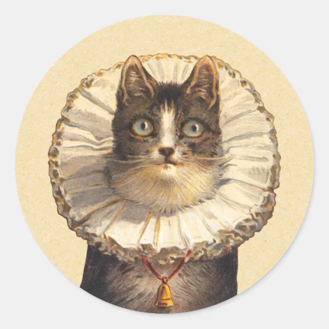 Vintage Cat with Ruffled Collar Classic Round Sticker | Zazzle