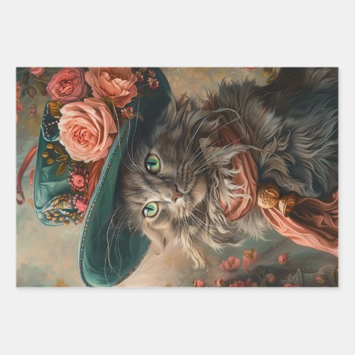 Vintage Cat with Teal Hat  Attire Decoupage Wrapping Paper Sheets