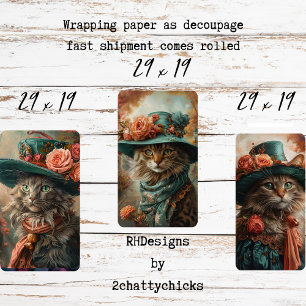 Vintage Cat with Teal Hat & Attire Decoupage Wrapping Paper Sheets