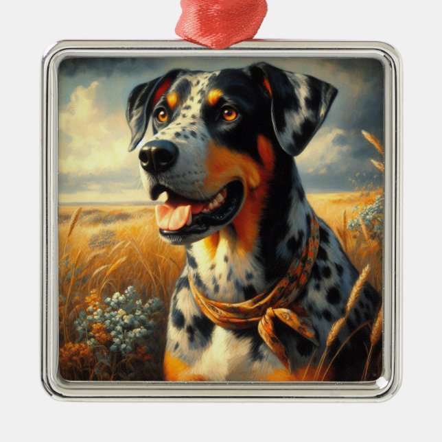 Vintage Catahoula Leopard Dog Painting Metal Ornament (Front)