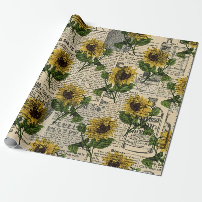 Vintage Catalog and Sunflowers Wrapping Paper (Unrolled)