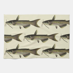 Vintage Catfish Fishing, Marine Life River Fish Kitchen Towel