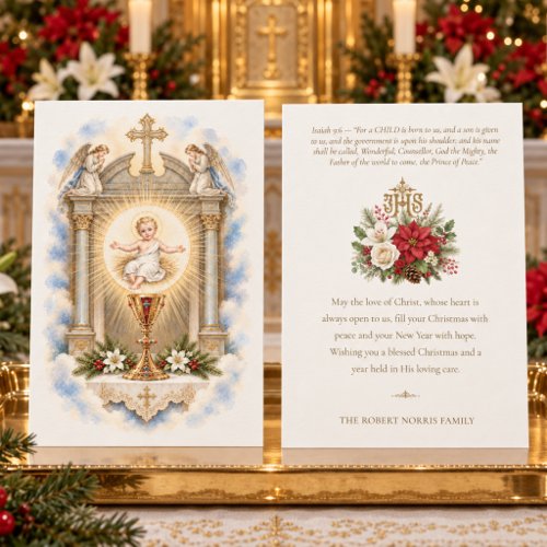 Vintage Catholic Baby Jesus in Eucharist Florals Holiday Card