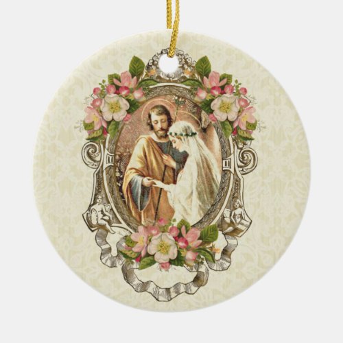 Vintage Catholic Cherry Blossoms Elegant Wedding Ceramic Ornament