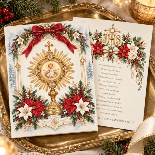 Vintage Catholic Child Jesus Eucharist Florals Holiday Card