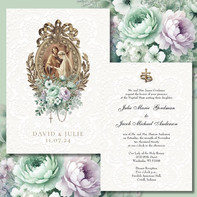 Vintage Catholic Church Wedding Mint Lavender Invitation (Creator Uploaded)