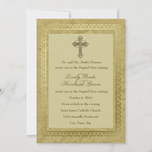 Vintage Catholic Cross Wedding Invitation Green