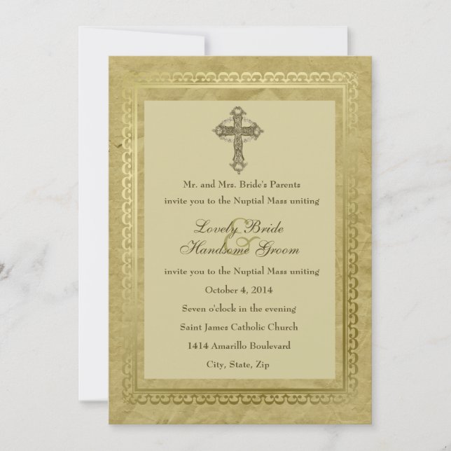 Vintage Catholic Cross Wedding Invitation Green 1 (Front)