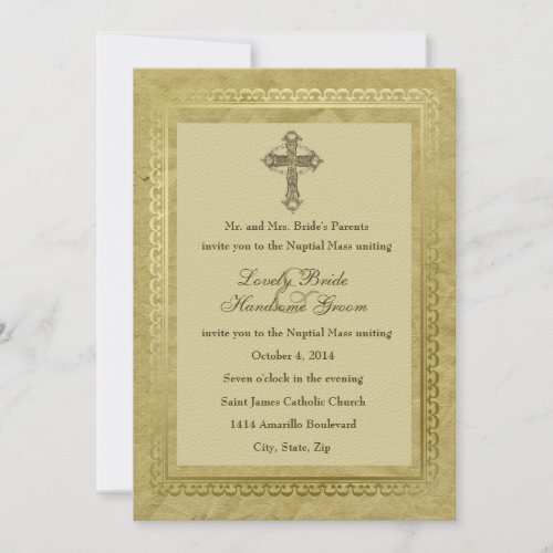 Vintage Catholic Cross Wedding Invitation Green 1