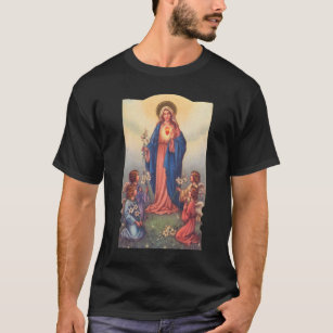Vintage Catholic Holy Card Mary and Four Angels T-Shirt