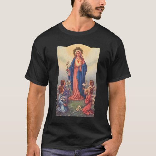 Vintage Catholic Holy Card Mary and Four Angels T_Shirt