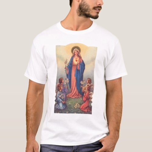 Vintage Catholic Holy Card Mary and Four Angels T_Shirt