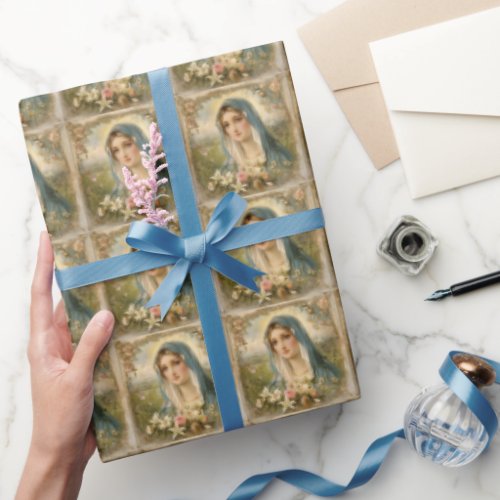 Vintage Catholic Mother Mary Floral Vintage Wrapping Paper