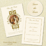 Vintage Catholic Wedding Elegant Save the Date<br><div class="desc">Featuring a beautiful vintage traditional Catholic "Save the Date" Postcard with the image of the Blessed Mother & St. Joseph on overlaid on a gold floral frame. A scripture quote is included on the front.  Text and design can be modified. We offer coordinating wedding invitations,  rsvp,  favors,  etc.,   also.</div>
