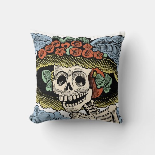 Vintage Catrina Day of the Dead Skeleton Throw Pillow
