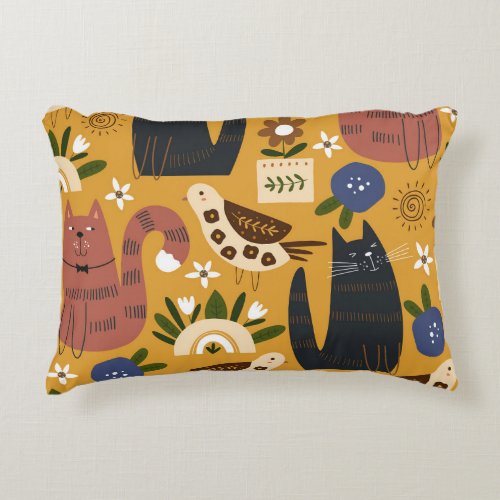 Vintage Cats and Birds Hand Drawn Accent Pillow