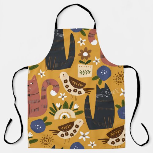 Vintage Cats and Birds Hand Drawn Apron