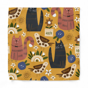 Vintage Cats and Birds, Hand Drawn. Bandana