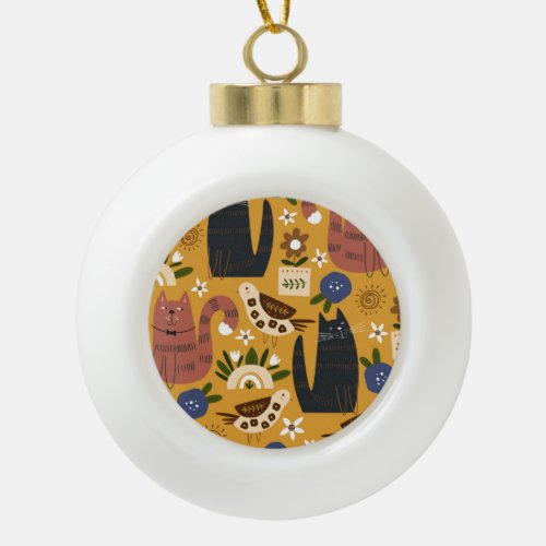 Vintage Cats and Birds Hand Drawn Ceramic Ball Christmas Ornament