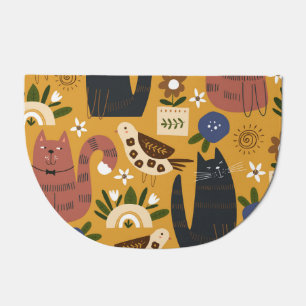 Vintage Cats and Birds, Hand Drawn. Doormat