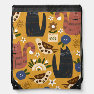 Vintage Cats and Birds, Hand Drawn. Drawstring Bag