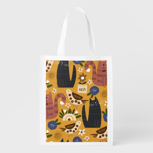 Vintage Cats and Birds Hand Drawn Grocery Bag