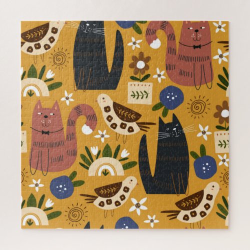 Vintage Cats and Birds Hand Drawn Jigsaw Puzzle