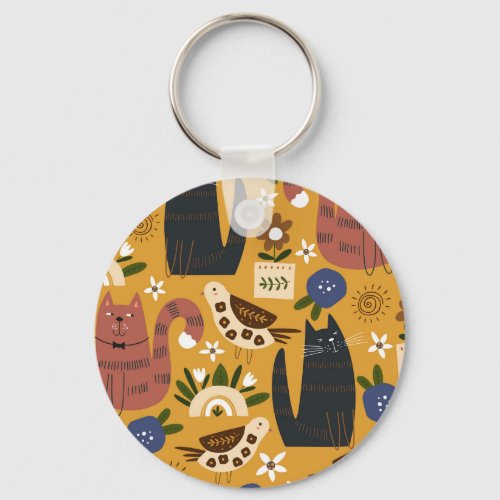 Vintage Cats and Birds Hand Drawn Keychain