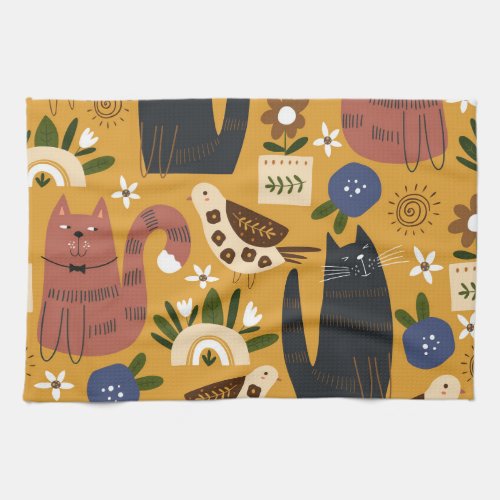 Vintage Cats and Birds Hand Drawn Kitchen Towel