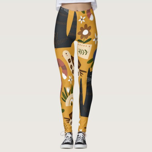 Vintage Cats and Birds Hand Drawn Leggings