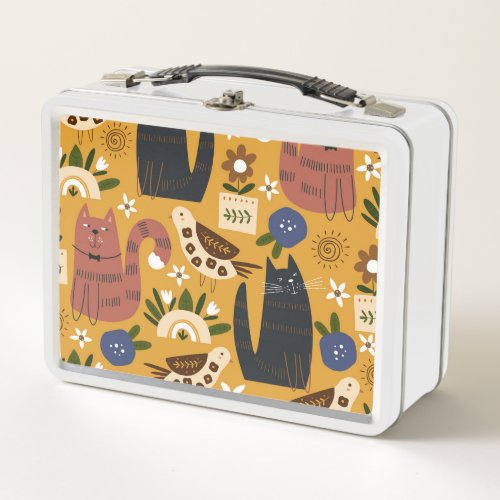 Vintage Cats and Birds Hand Drawn Metal Lunch Box