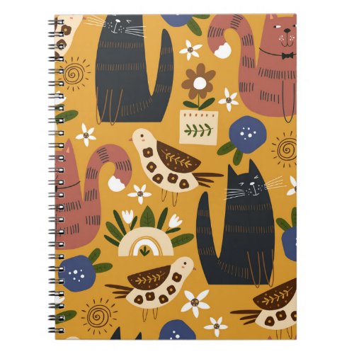 Vintage Cats and Birds Hand Drawn Notebook
