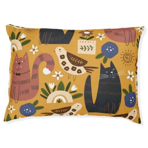 Vintage Cats and Birds Hand Drawn Pet Bed
