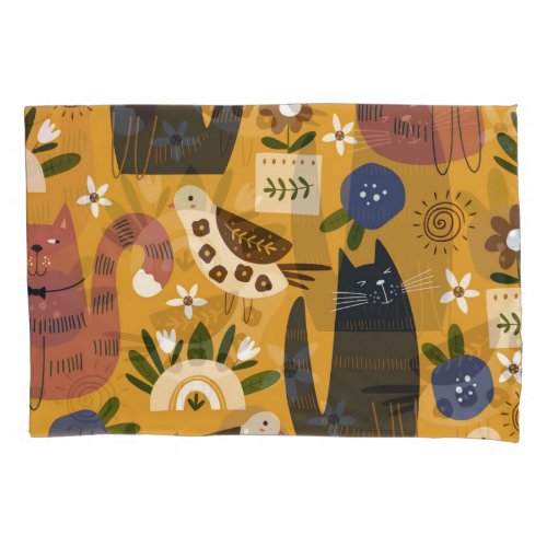 Vintage Cats and Birds Hand Drawn Pillow Case