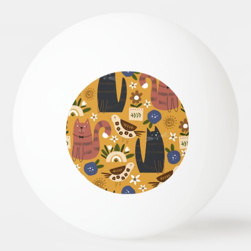 Vintage Cats and Birds Hand Drawn Ping Pong Ball