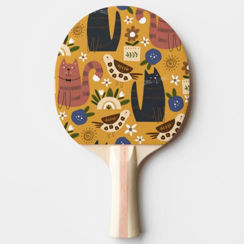 Vintage Cats and Birds Hand Drawn Ping Pong Paddle