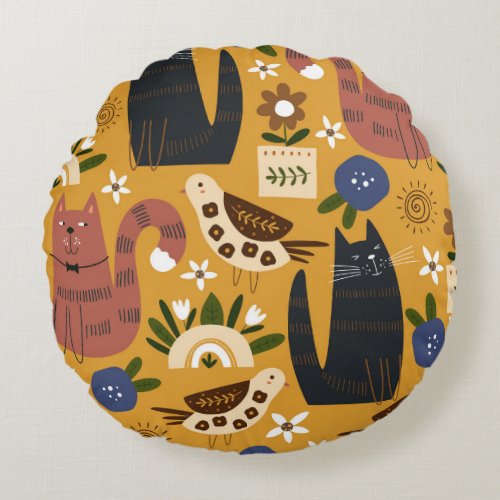 Vintage Cats and Birds Hand Drawn Round Pillow