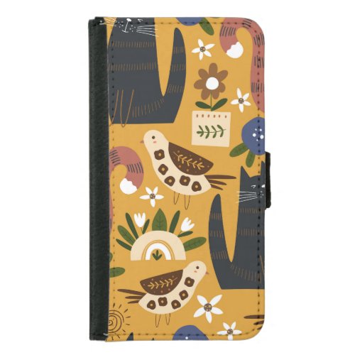 Vintage Cats and Birds Hand Drawn Samsung Galaxy S5 Wallet Case