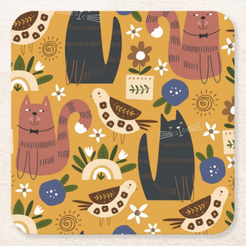 Vintage Cats and Birds Hand Drawn Square Paper Coaster