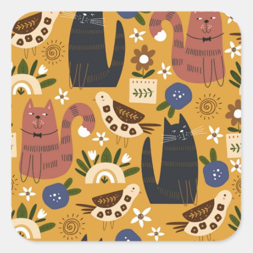 Vintage Cats and Birds Hand Drawn Square Sticker