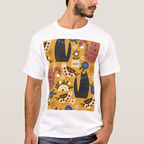 Vintage Cats and Birds Hand Drawn T_Shirt