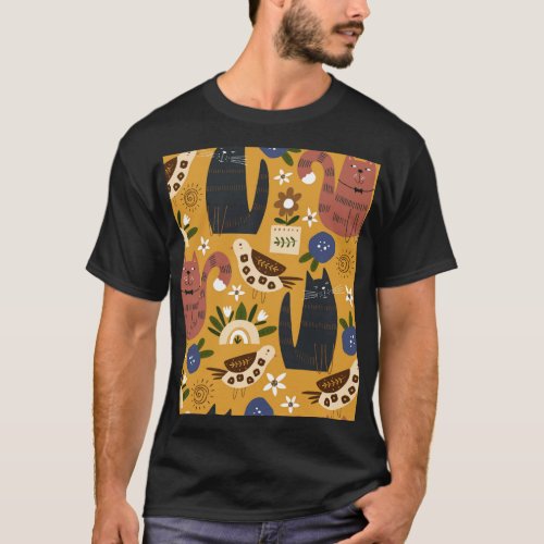 Vintage Cats and Birds Hand Drawn T_Shirt