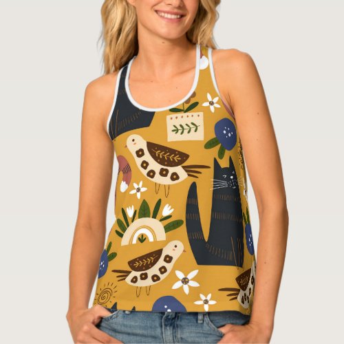 Vintage Cats and Birds Hand Drawn Tank Top