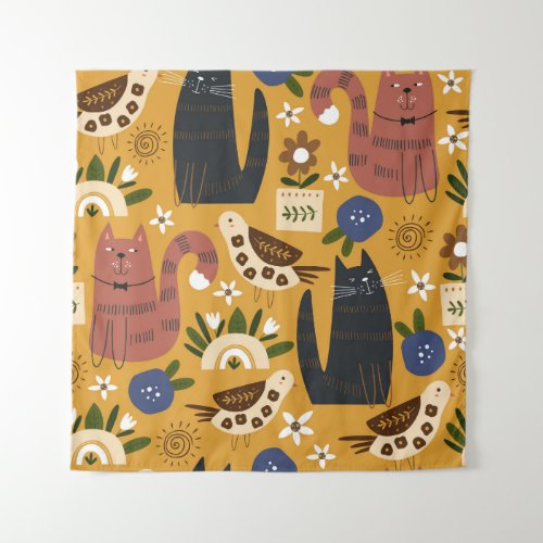 Vintage Cats and Birds Hand Drawn Tapestry