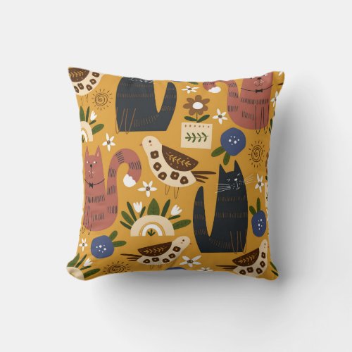 Vintage Cats and Birds Hand Drawn Throw Pillow