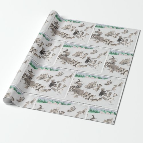 Vintage cats bringing home a Yule Log and sledding Wrapping Paper