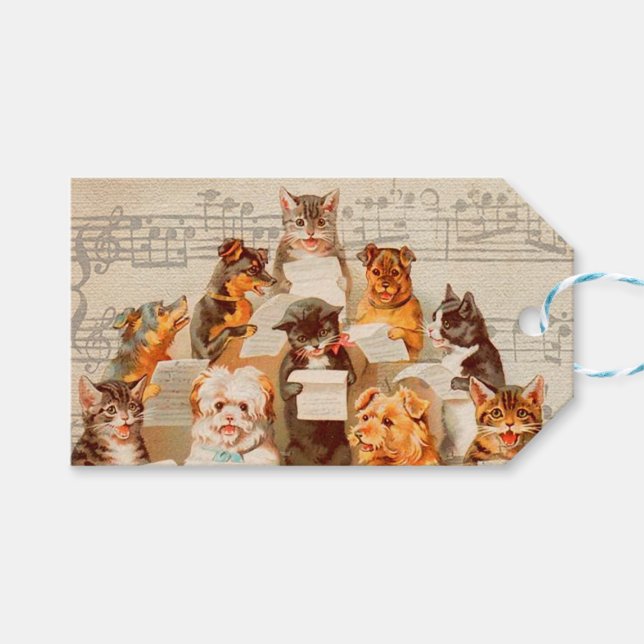Vintage CATS & DOGS, Christmas Gift Tag (Front (Horizontal))