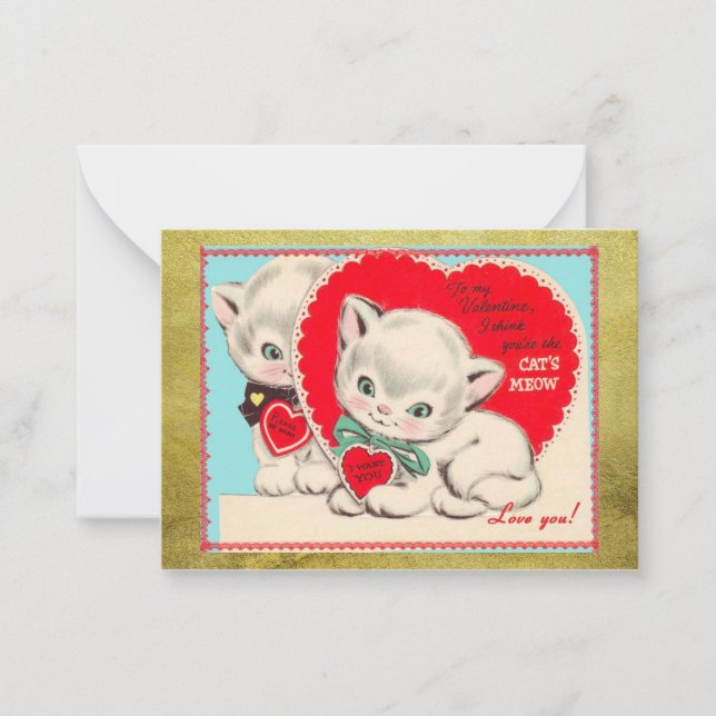 Vintage Cats Kids Valentine's Day Valentine Note Card (Front)
